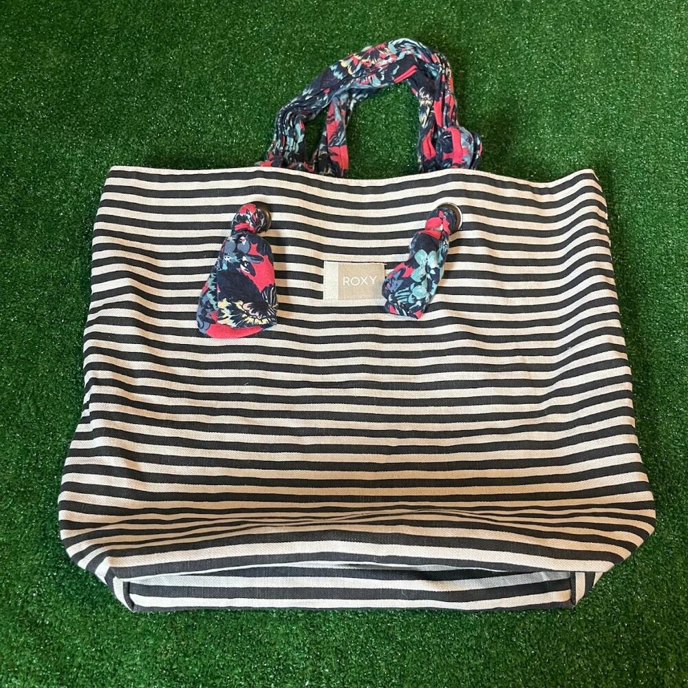 Roxy Act Together Canvas Black Stripes Floral Patterned Handles Tote Handbag Bag